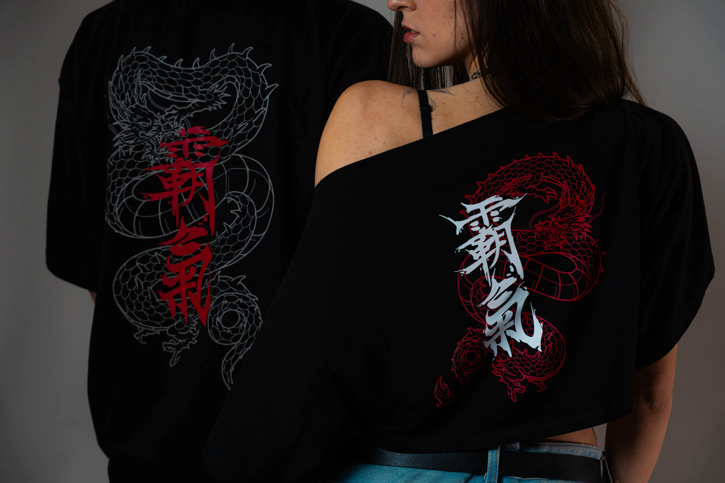 Back to back in the two dragon prints, white and red, on grey